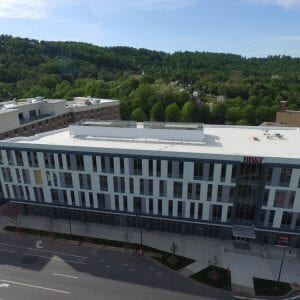 Drone picture of a TPO commercial roof done on the Asheville City Center in NC