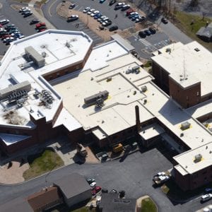 Drone picture of a fibertite roof on a hospital