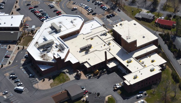 Drone picture of a fibertite roof on a hospital